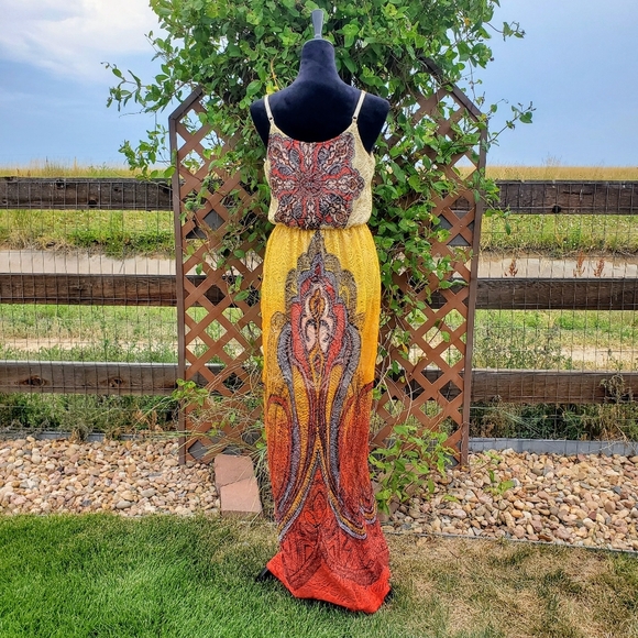 Stilettos Ombre Orange & Yellow Patterned Maxi Lace Women's Dress Size Large EUC - Picture 11 of 14